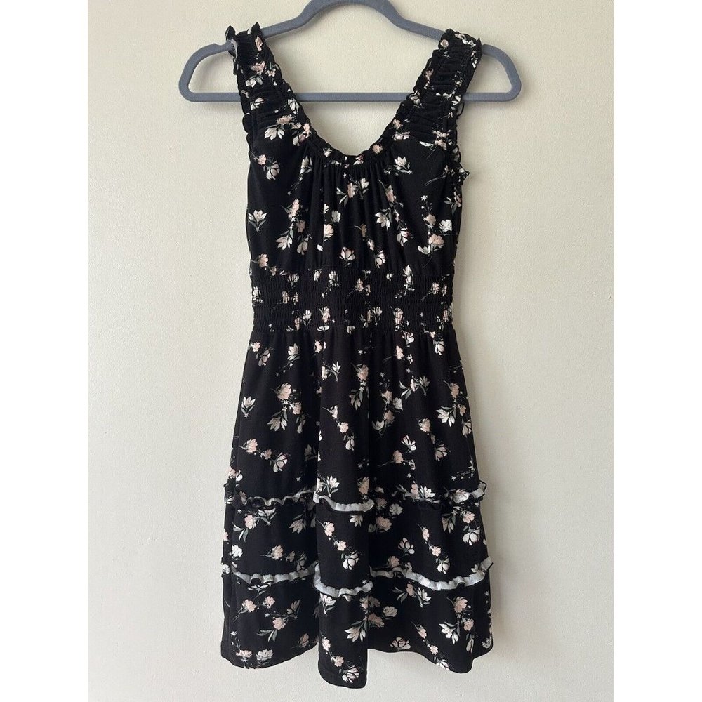 Womens floral summer dress XS No Boundaries Ruffle Scoop Neck Stretch Black Pink